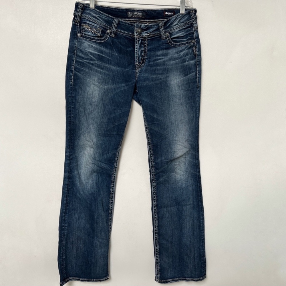 Silver Jeans Suki Mid Rise Slim Boot Cut Jean Buckle Super Stretch Women Size 34